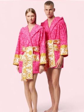 Versace Hot Pink Hooded Quilted Robe Jacket with Gold-Print Trim
